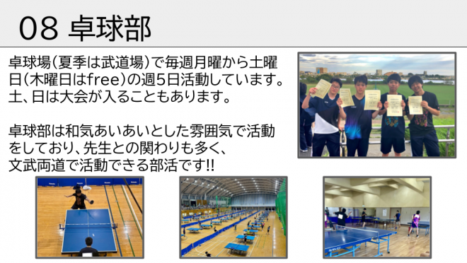 卓球部。和気あいあいとした雰囲気で活動をしており、先生との関わりも多く、文武両道で活動できる部活です！