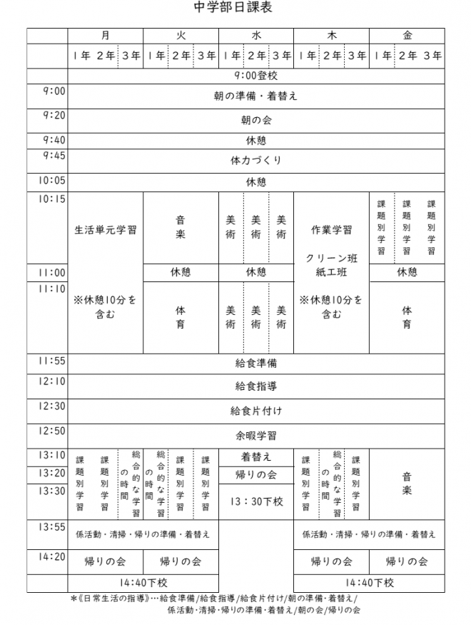 令和5年度中学部日課表